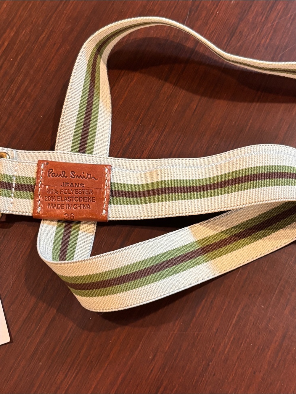 Paul Smith Cream Elastic Suspenders with Green and Brown Stripes. SIZE 36/94.
